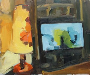 Rachel Milne 'Evening TV is Boring' and it's 23 cm H x 28cm W oil on board
